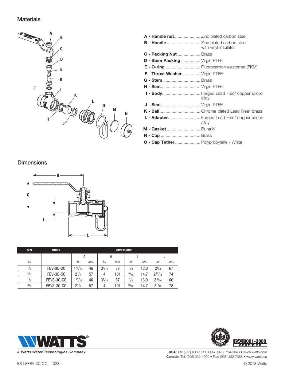 Materials, Dimensions | Watts LFFBVS-3C-CC User Manual | Page 2 / 2