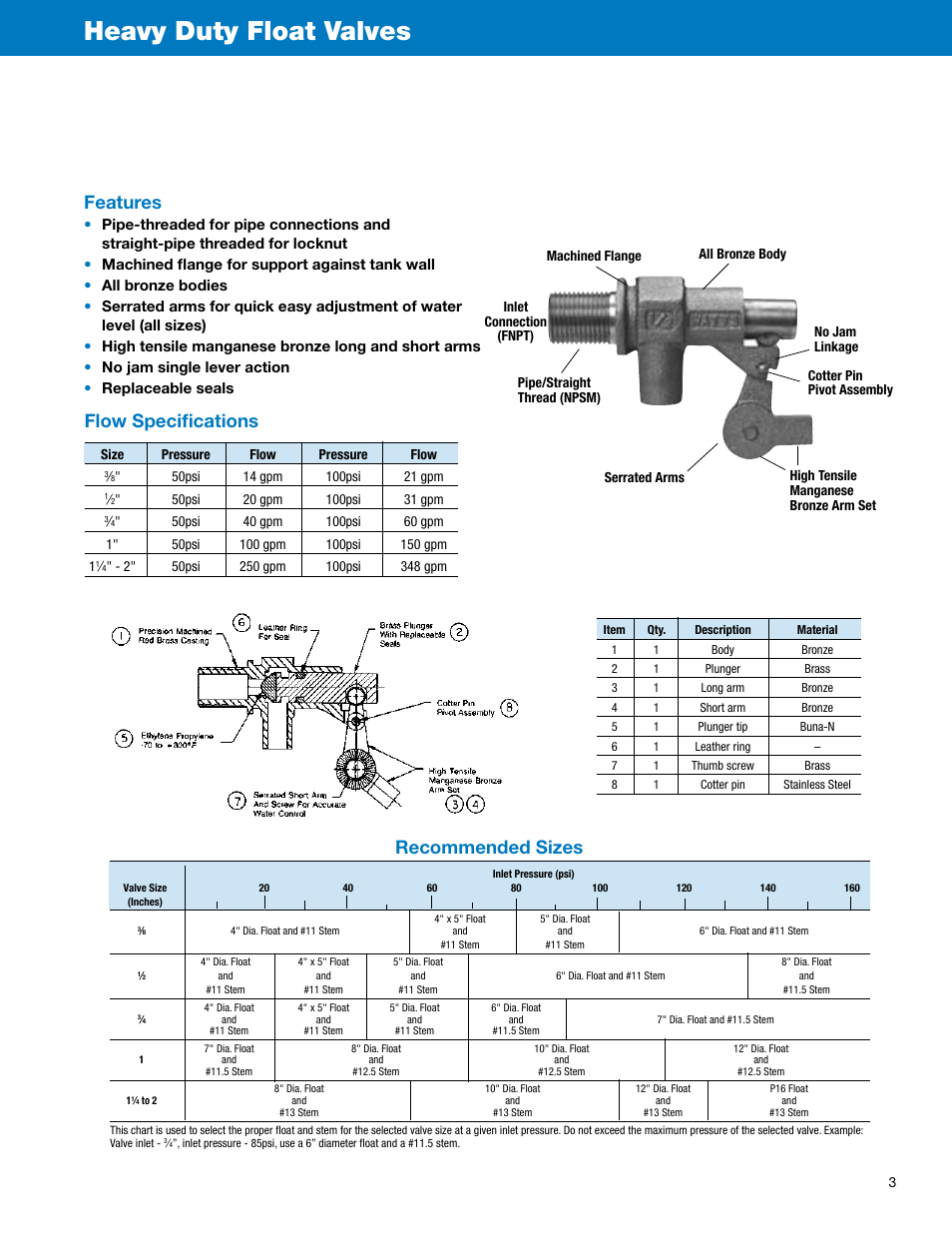 Heavy duty float valves, Features, Flow specifications | Recommended sizes | Watts Thread Adaptors User Manual | Page 3 / 12