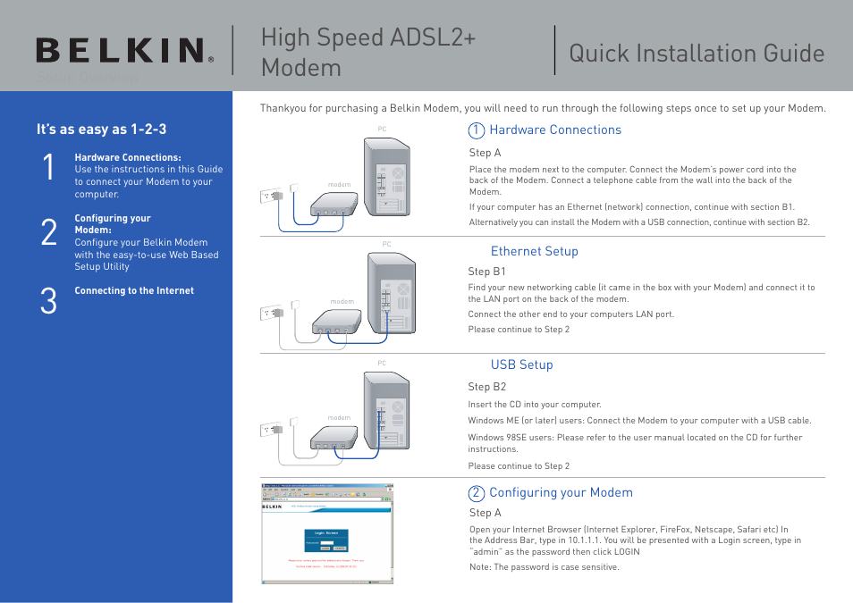 Belkin High Speed Modem ADSL2+ User Manual | 2 pages