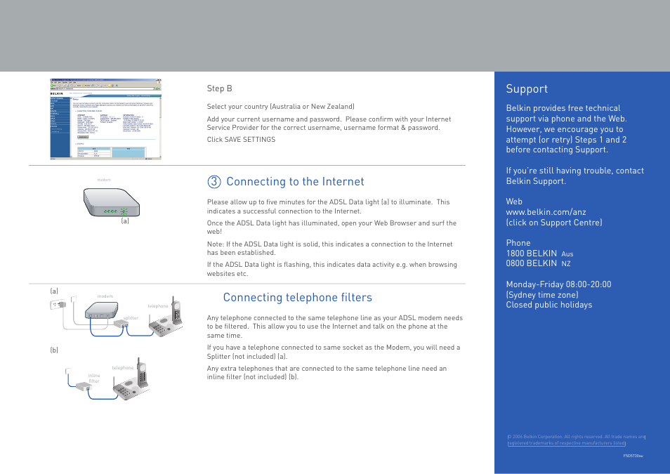 Support, 3 connecting to the internet, Connecting telephone ﬁ lters | Belkin High Speed Modem ADSL2+ User Manual | Page 2 / 2