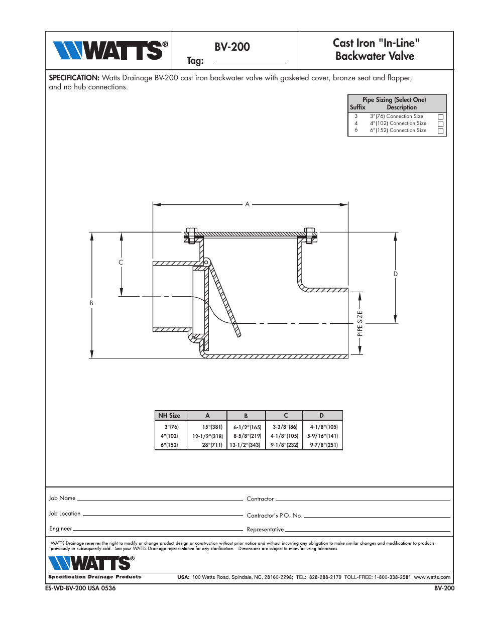 Watts BV-200 User Manual | 1 page