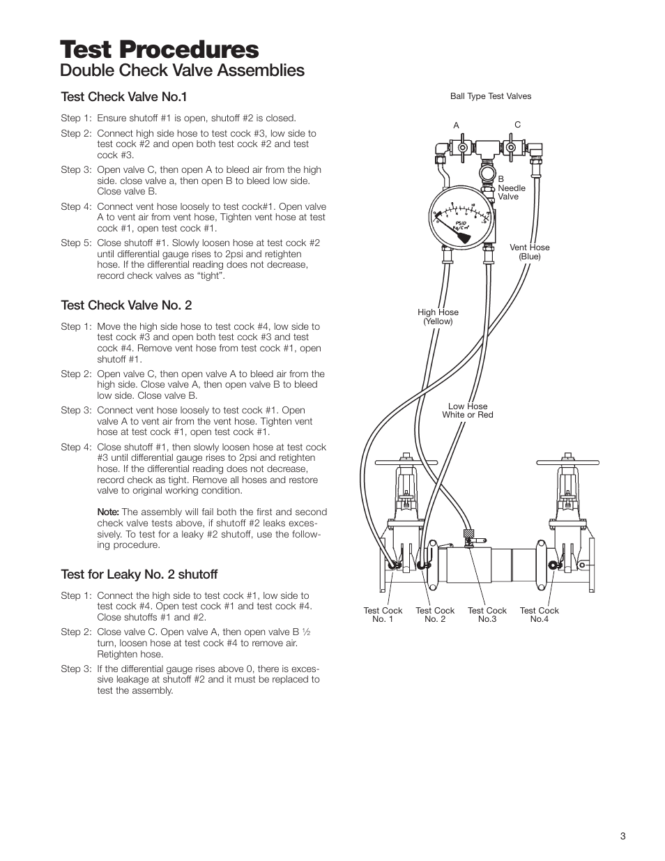 Test procedures, Double check valve assemblies, Test check valve no.1 | Test check valve no. 2, Test for leaky no. 2 shutoff | Watts 757Na User Manual | Page 3 / 4