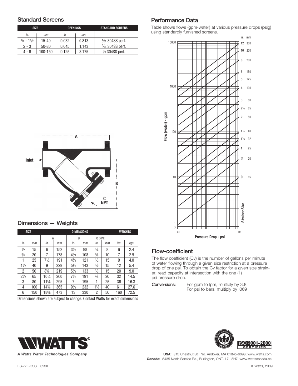 Flow-coefficient, Standard screens, Performance data | Dimensions — weights | Watts 77F-CSSI User Manual | Page 2 / 2