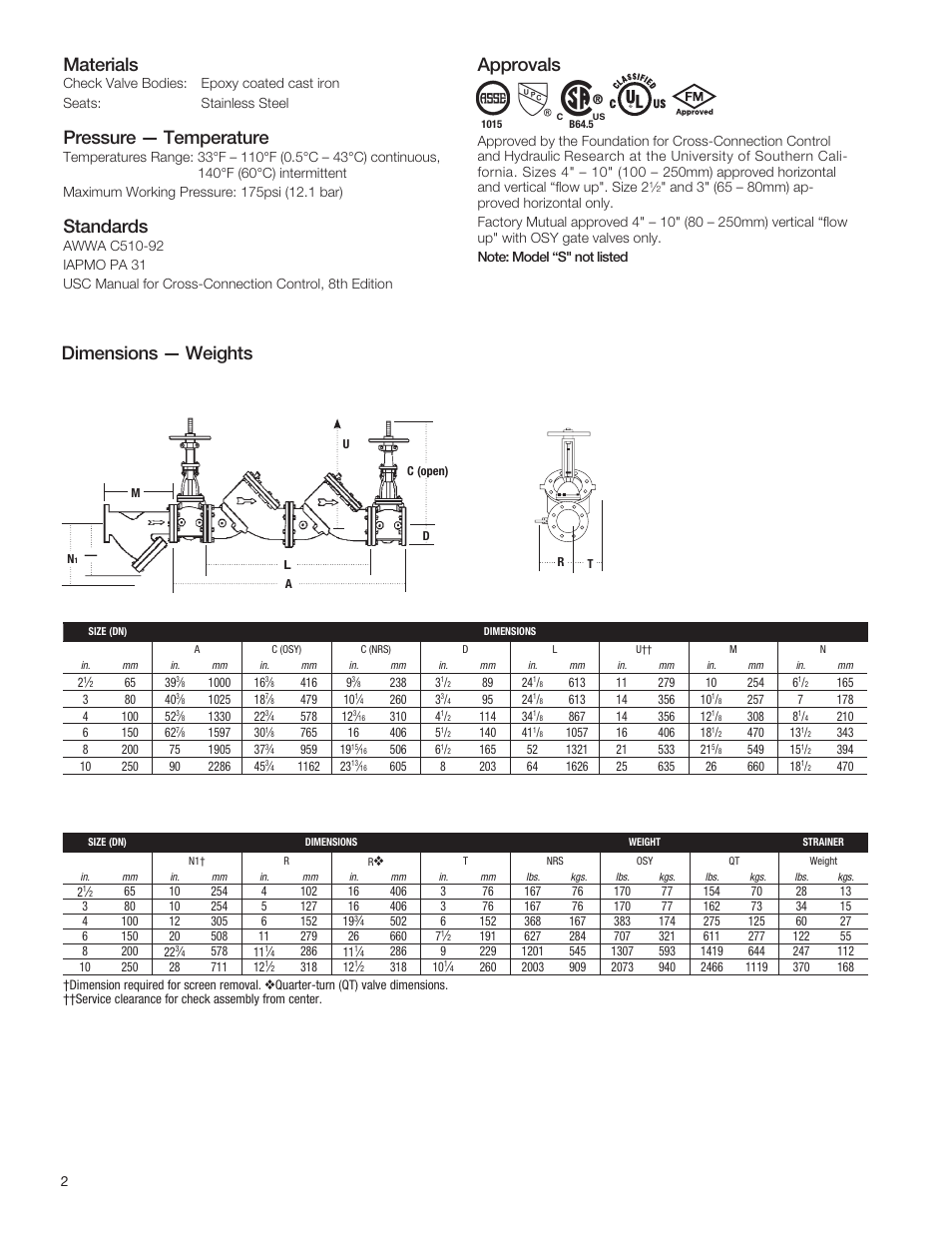Approvals, Dimensions — weights materials, Pressure — temperature | Standards | Watts LF709 User Manual | Page 2 / 3