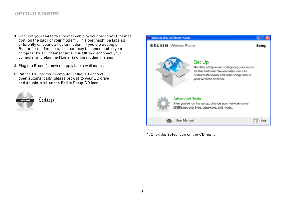 Setup | Belkin F9K1108V1 User Manual | Page 5 / 42