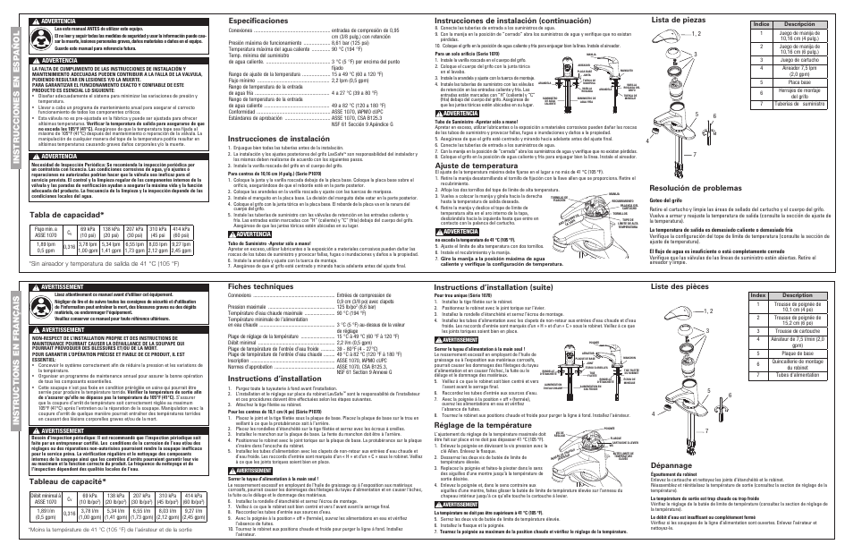 Especificaciones, Tabla de capacidad, Instrucciones de instalación | Ajuste de temperatura, Resolución de problemas, Fiches techniques, Tableau de capacité, Instructions d’installation, Réglage de la température, Dépannage | Watts P1070 User Manual | Page 2 / 2