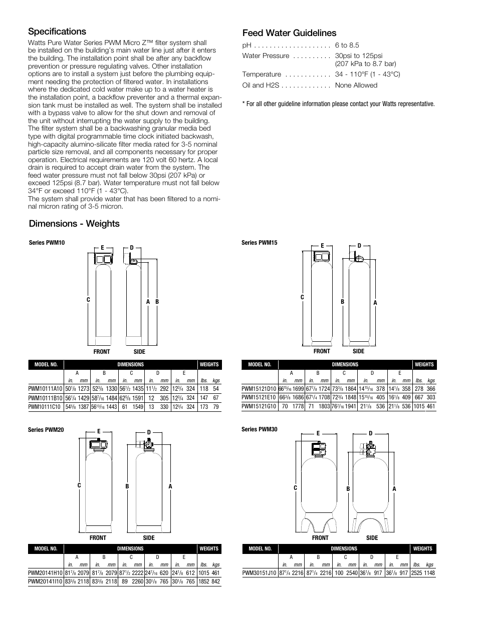 Dimensions - weights feed water guidelines, Specifications | Watts PWM (3-20CUFT) User Manual | Page 2 / 3