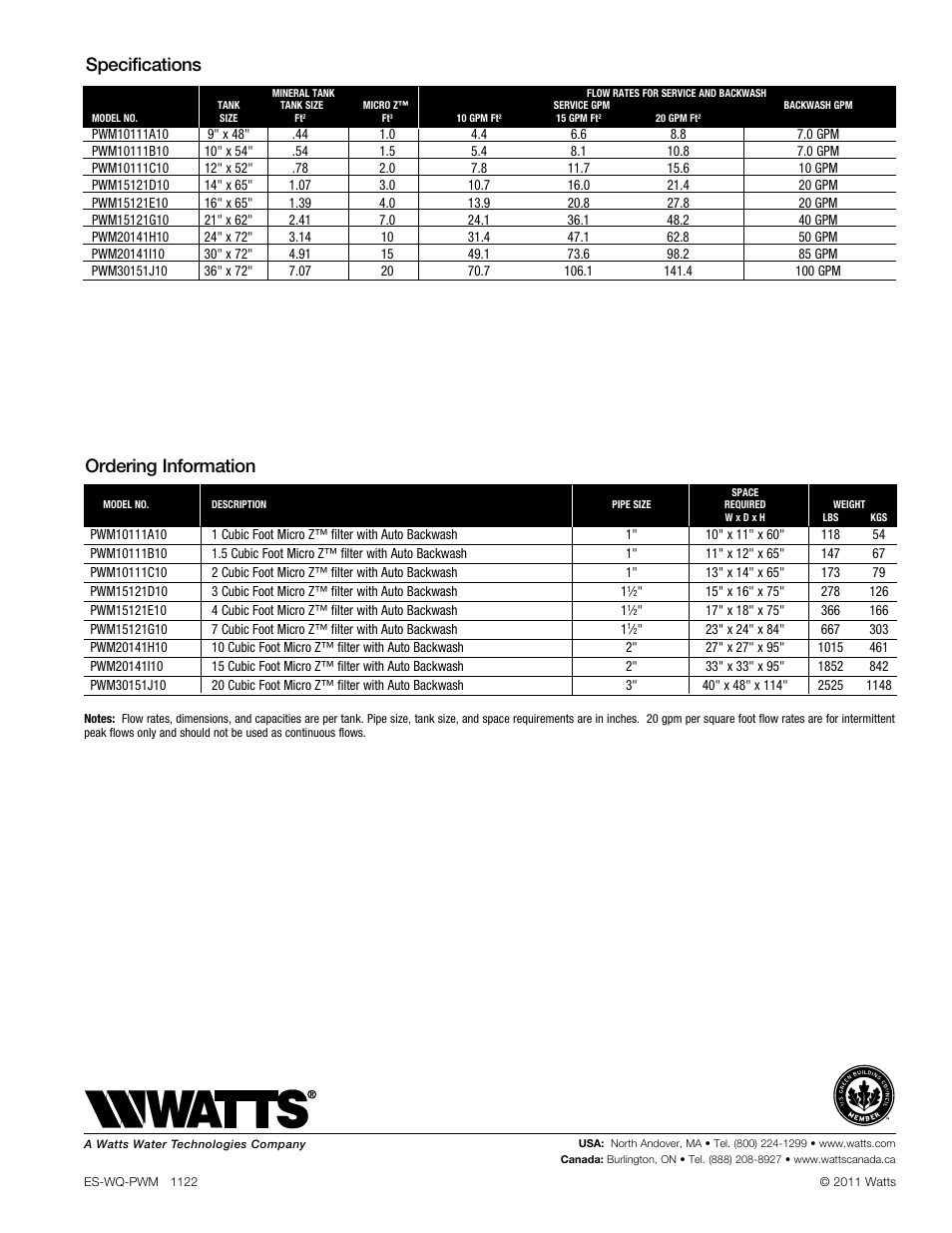 Specifications ordering information | Watts PWM (3-20CUFT) User Manual | Page 3 / 3