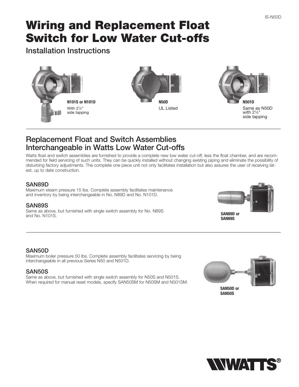 Watts SAN50 User Manual | 2 pages