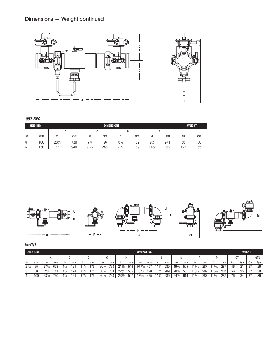 Dimensions — weight continued, 957qt, 957 bfg | Watts 957Z User Manual | Page 3 / 4