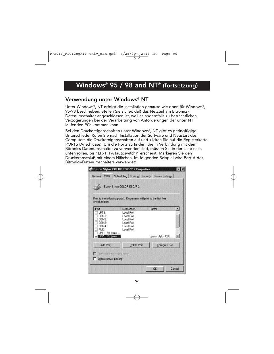Windows, 95 / 98 and nt, Fortsetzung) | Verwendung unter windows | Belkin BITRONICS P73046 User Manual | Page 100 / 179