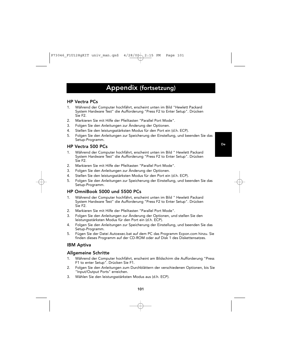 Appendix, Fortsetzung) | Belkin BITRONICS P73046 User Manual | Page 105 / 179