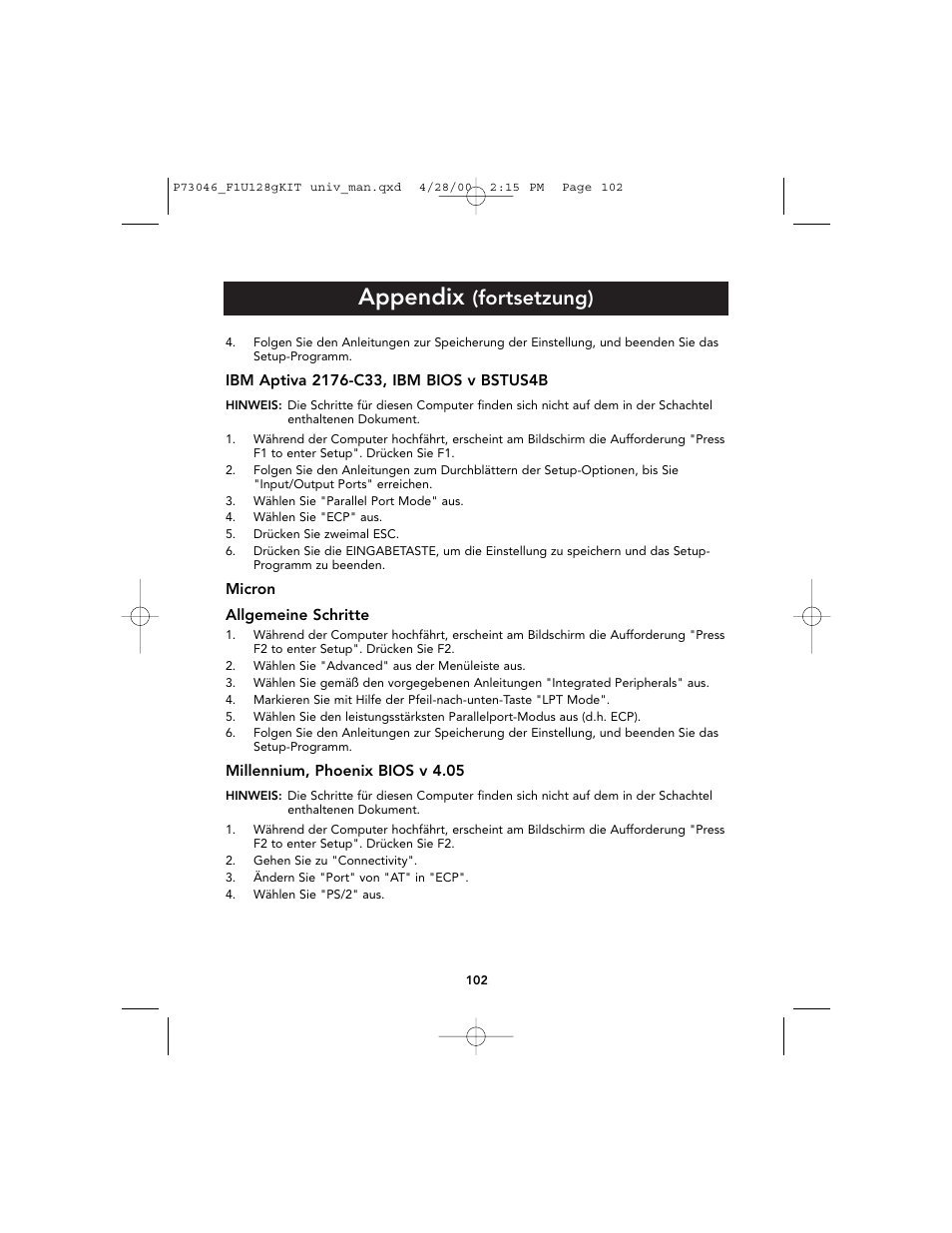 Appendix, Fortsetzung) | Belkin BITRONICS P73046 User Manual | Page 106 / 179