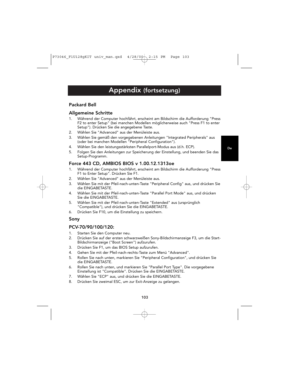 Appendix, Fortsetzung) | Belkin BITRONICS P73046 User Manual | Page 107 / 179