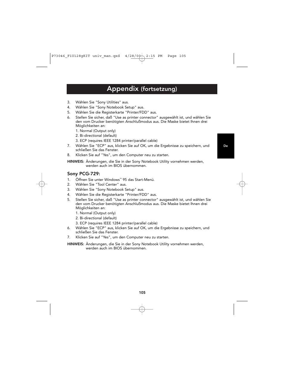 Appendix, Fortsetzung) | Belkin BITRONICS P73046 User Manual | Page 109 / 179