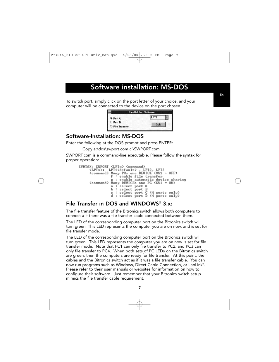 Software installation: ms-dos, Software-installation: ms-dos, File transfer in dos and windows | Belkin BITRONICS P73046 User Manual | Page 11 / 179