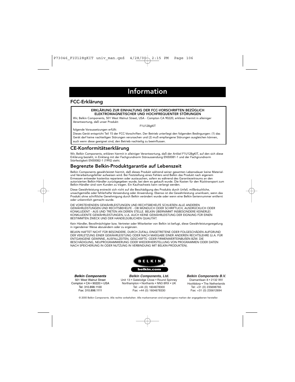Information, Fcc-erklärung, Ce-konformitätserklärung | Begrenzte belkin-produktgarantie auf lebenszeit | Belkin BITRONICS P73046 User Manual | Page 110 / 179