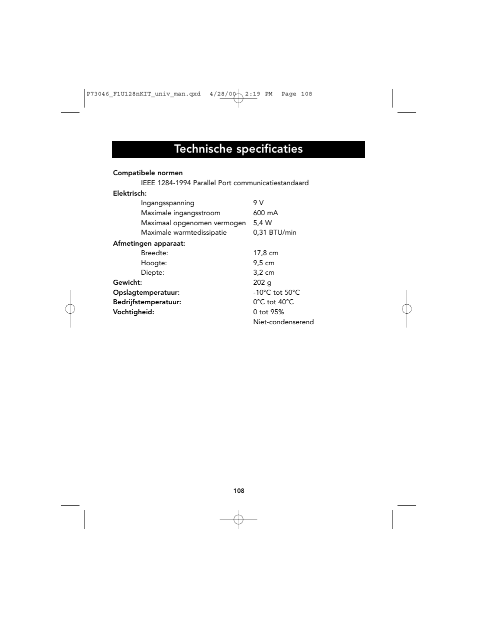 Technische specificaties | Belkin BITRONICS P73046 User Manual | Page 112 / 179