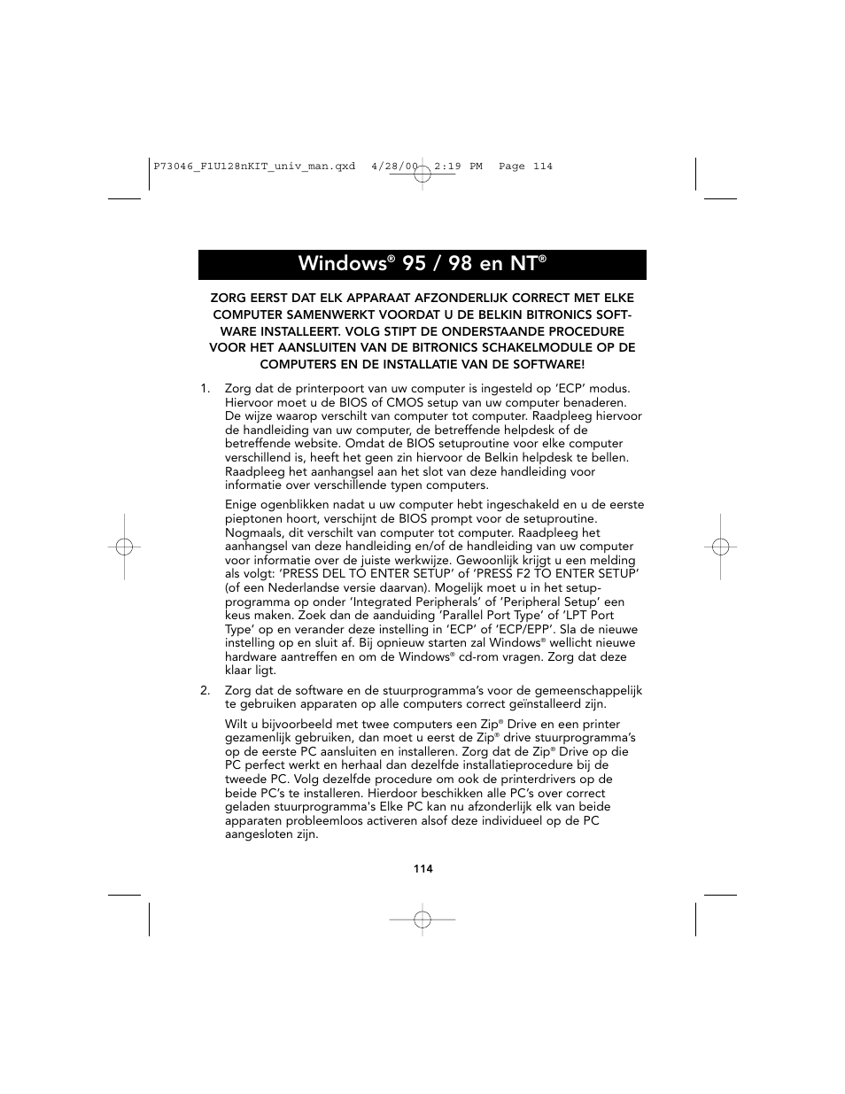 Windows, 95 / 98 en nt | Belkin BITRONICS P73046 User Manual | Page 118 / 179