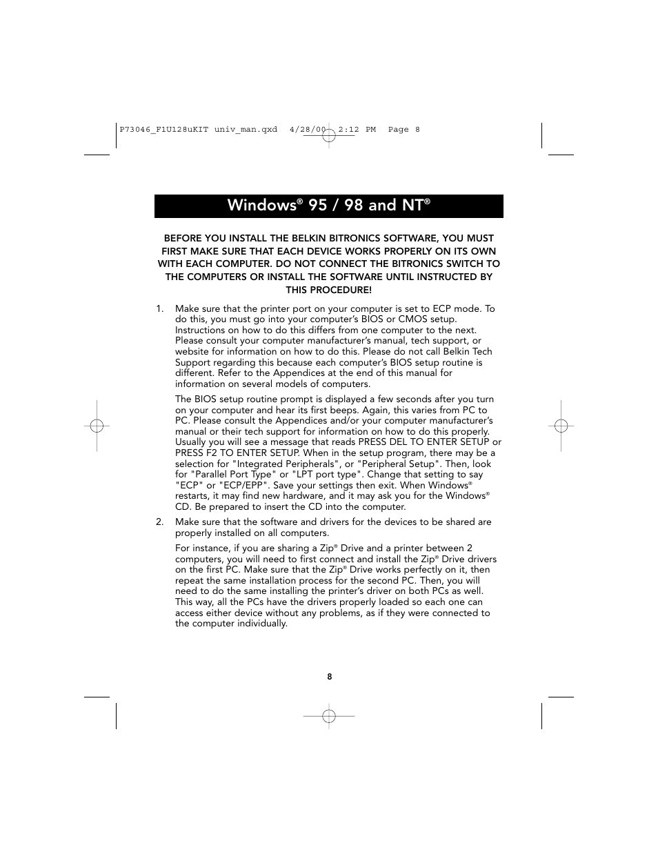 Windows, 95 / 98 and nt | Belkin BITRONICS P73046 User Manual | Page 12 / 179