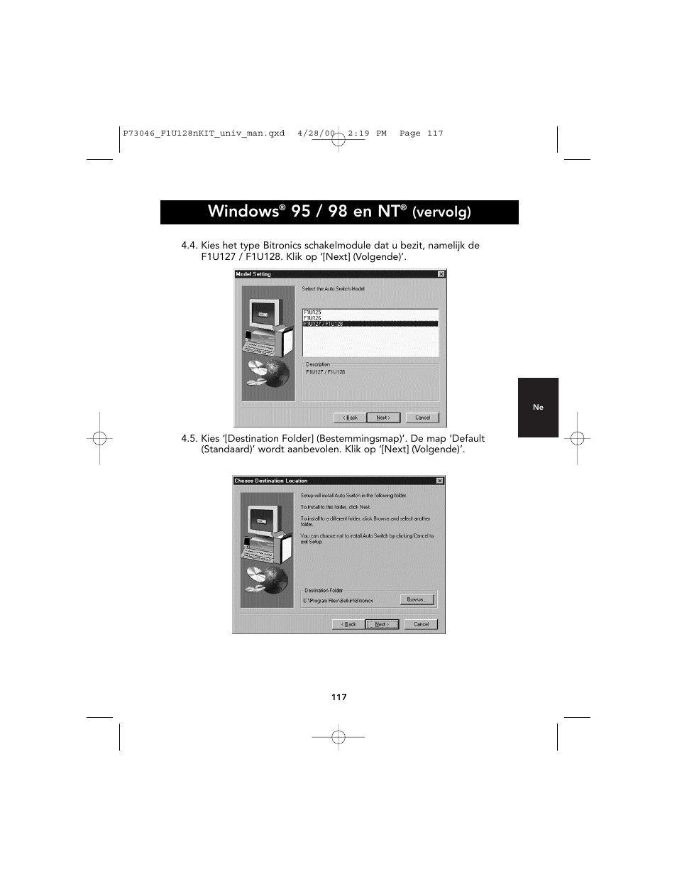 Windows, 95 / 98 en nt, Vervolg) | Belkin BITRONICS P73046 User Manual | Page 121 / 179