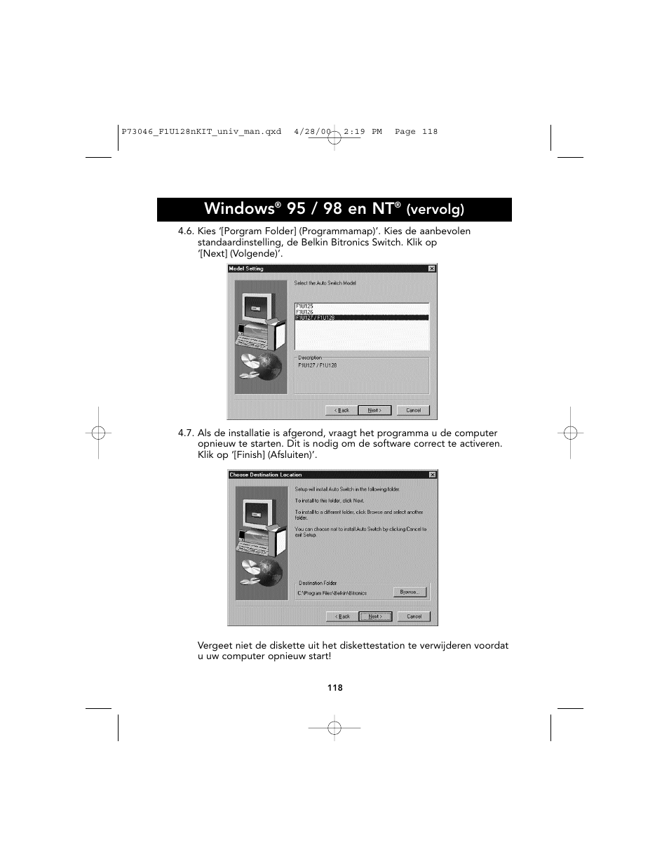 Windows, 95 / 98 en nt, Vervolg) | Belkin BITRONICS P73046 User Manual | Page 122 / 179