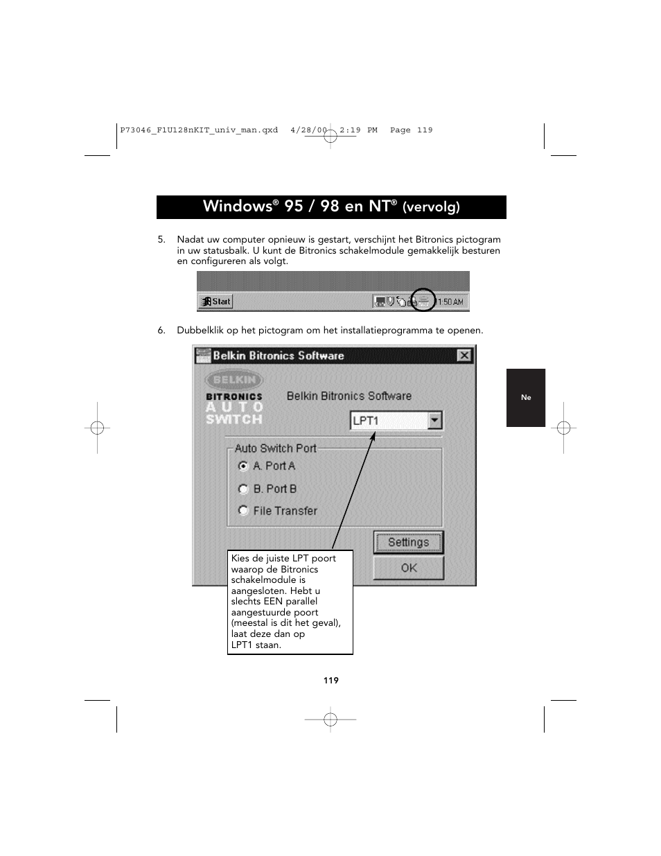 Windows, 95 / 98 en nt, Vervolg) | Belkin BITRONICS P73046 User Manual | Page 123 / 179