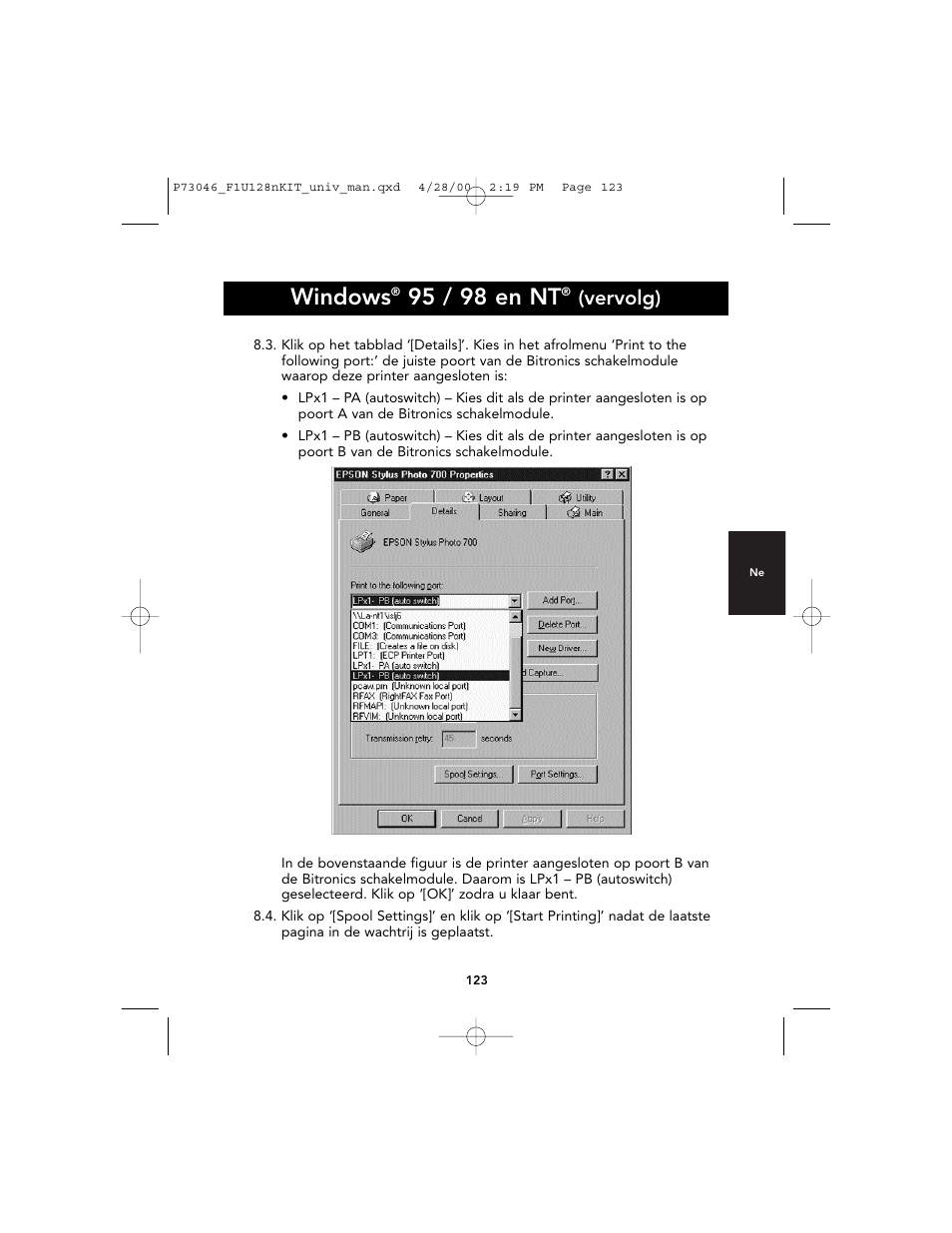 Windows, 95 / 98 en nt, Vervolg) | Belkin BITRONICS P73046 User Manual | Page 127 / 179