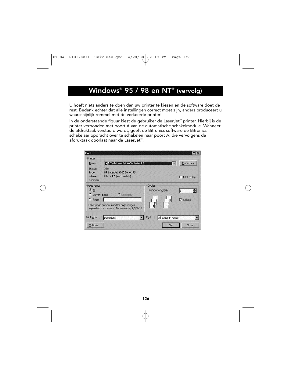 Windows, 95 / 98 en nt, Vervolg) | Belkin BITRONICS P73046 User Manual | Page 130 / 179