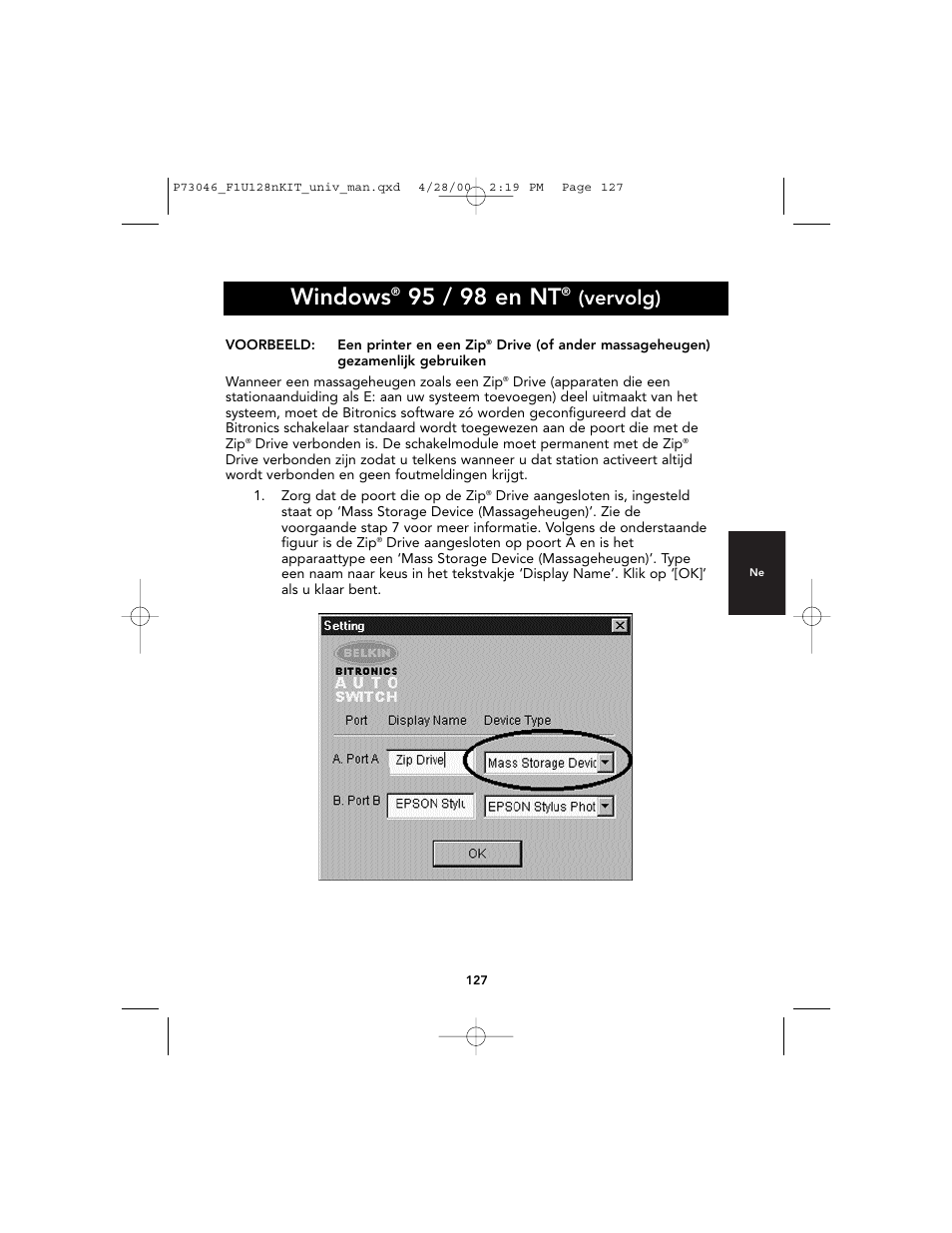 Windows, 95 / 98 en nt, Vervolg) | Belkin BITRONICS P73046 User Manual | Page 131 / 179