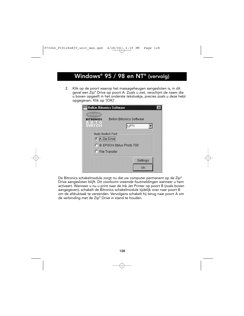 Windows, 95 / 98 en nt, Vervolg) | Belkin BITRONICS P73046 User Manual | Page 132 / 179