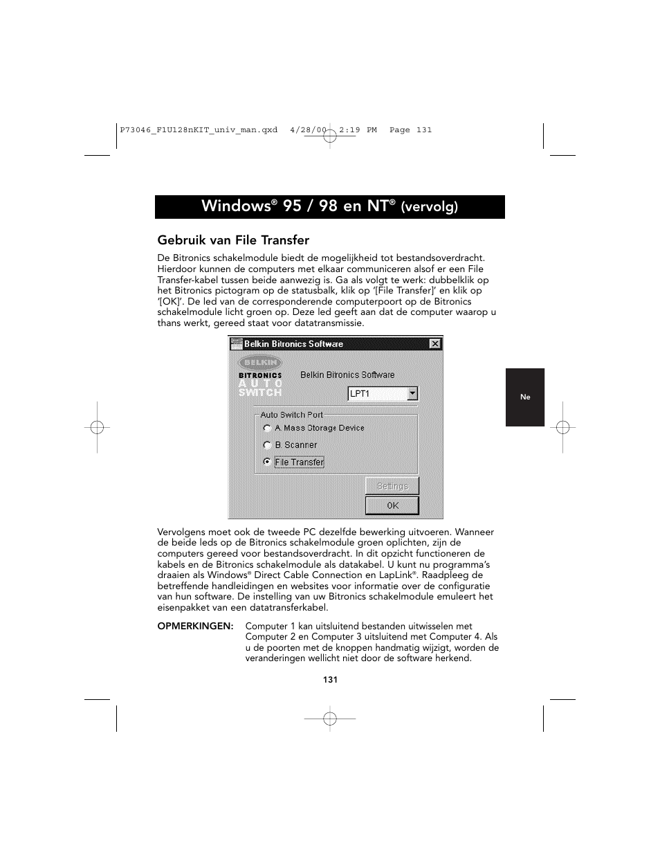 Windows, 95 / 98 en nt, Vervolg) | Gebruik van file transfer | Belkin BITRONICS P73046 User Manual | Page 135 / 179