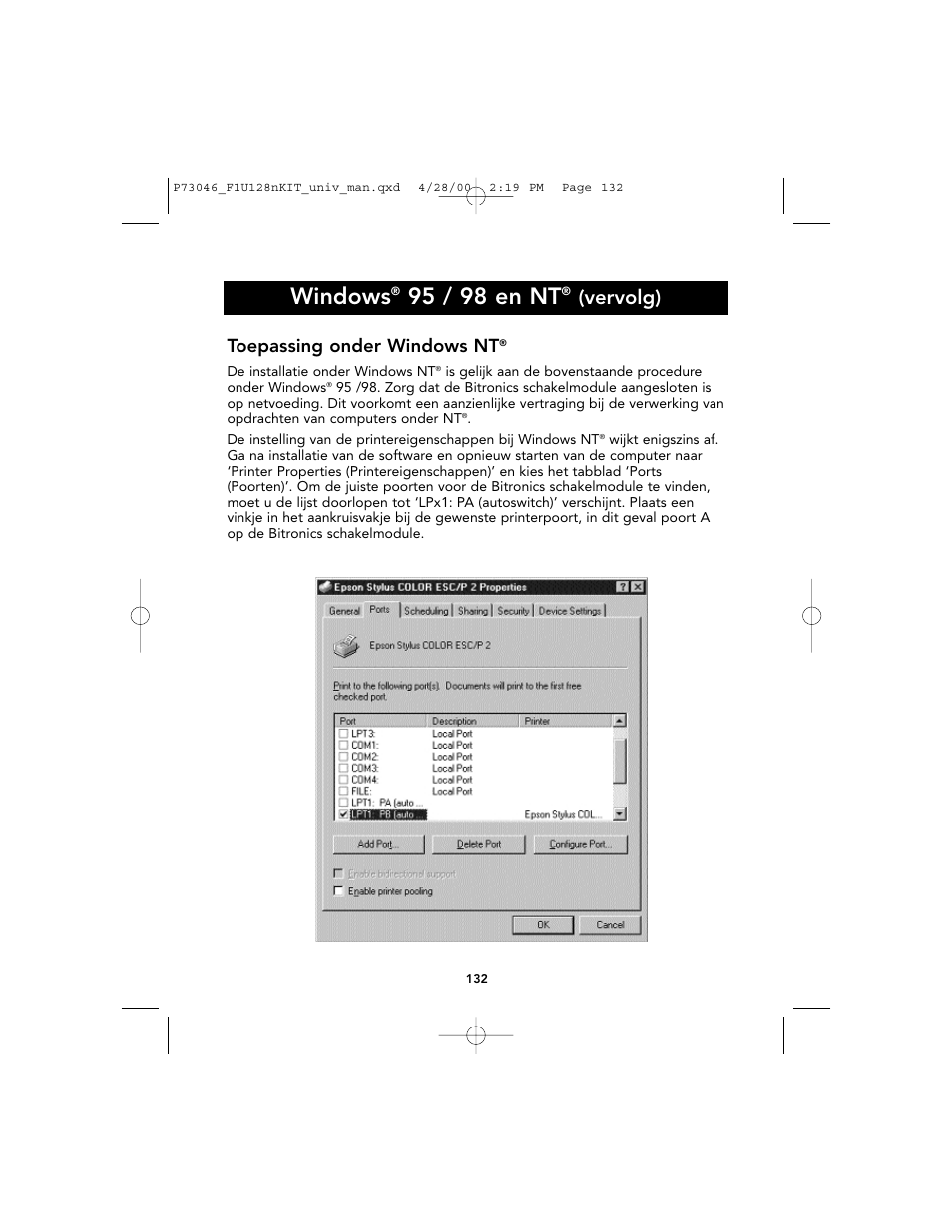 Windows, 95 / 98 en nt, Vervolg) | Toepassing onder windows nt | Belkin BITRONICS P73046 User Manual | Page 136 / 179