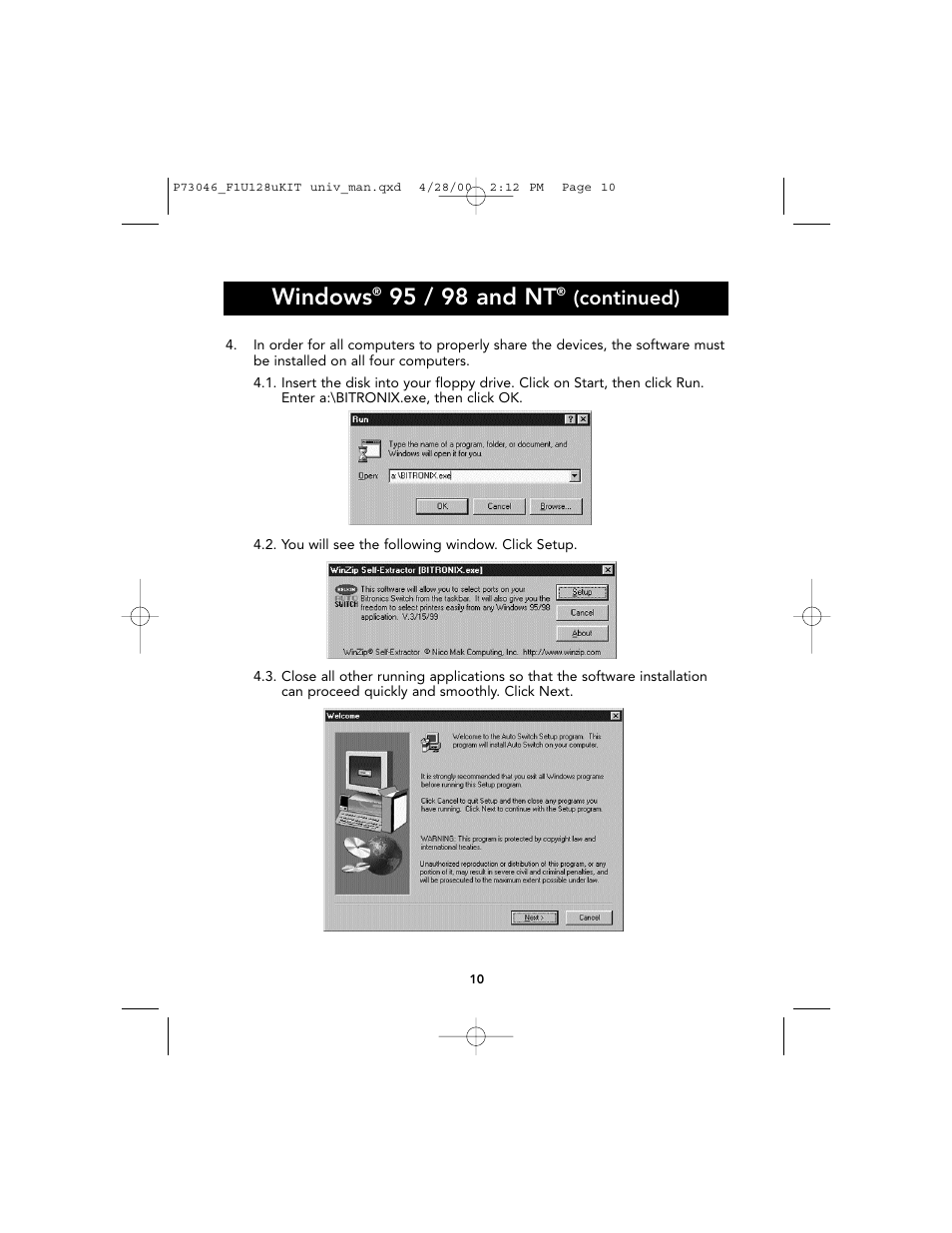 Windows, 95 / 98 and nt, Continued) | Belkin BITRONICS P73046 User Manual | Page 14 / 179