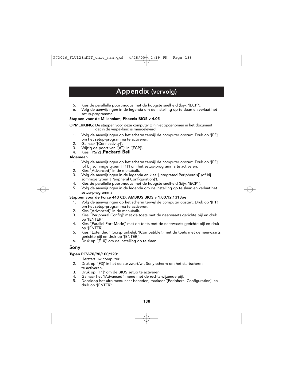 Appendix, Vervolg) | Belkin BITRONICS P73046 User Manual | Page 142 / 179