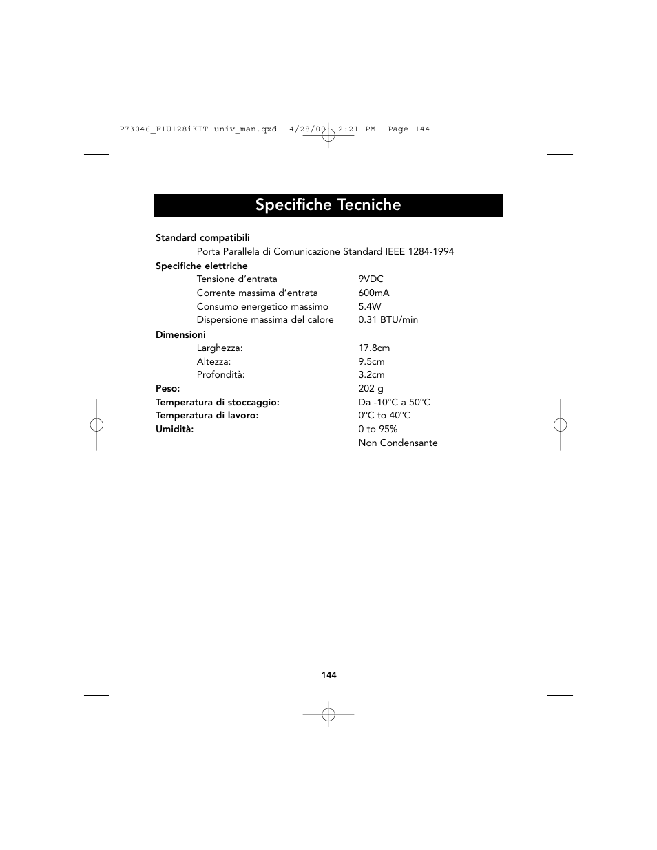 Specifiche tecniche | Belkin BITRONICS P73046 User Manual | Page 147 / 179