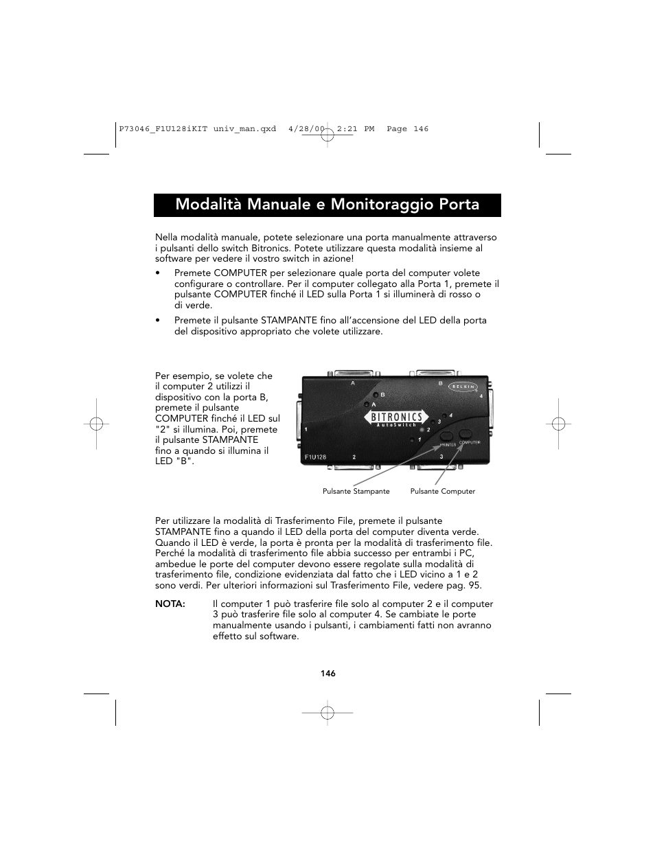 Modalità manuale e monitoraggio porta | Belkin BITRONICS P73046 User Manual | Page 149 / 179