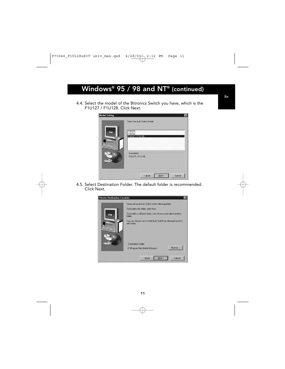 Windows, 95 / 98 and nt, Continued) | Belkin BITRONICS P73046 User Manual | Page 15 / 179
