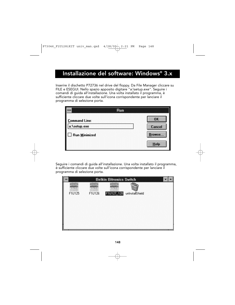 Installazione del software: windows | Belkin BITRONICS P73046 User Manual | Page 151 / 179