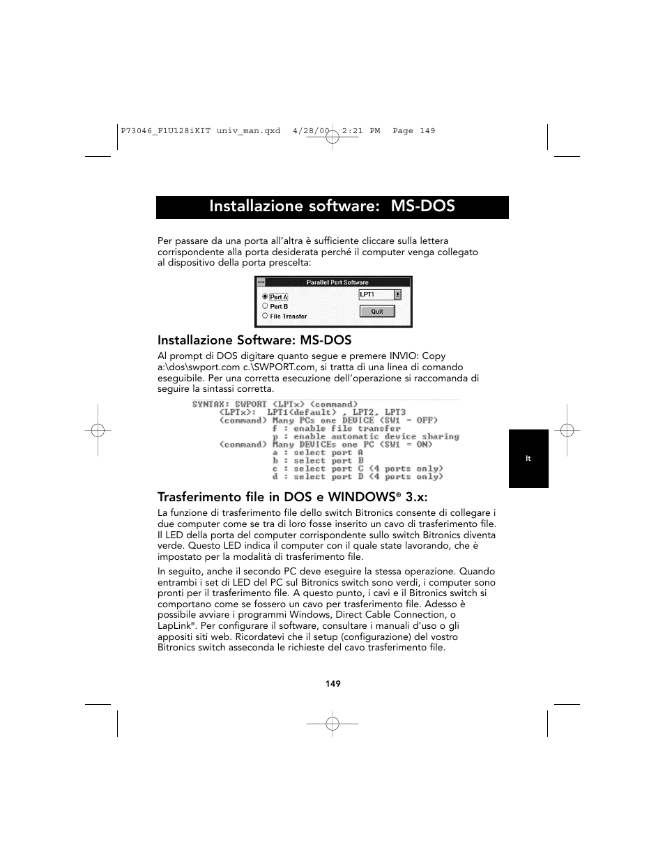 Installazione software: ms-dos, Trasferimento file in dos e windows | Belkin BITRONICS P73046 User Manual | Page 152 / 179