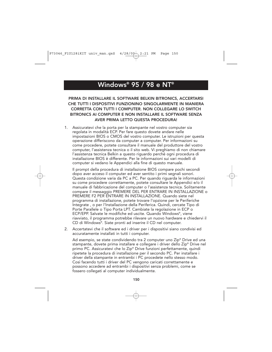 Windows, 95 / 98 e nt | Belkin BITRONICS P73046 User Manual | Page 153 / 179