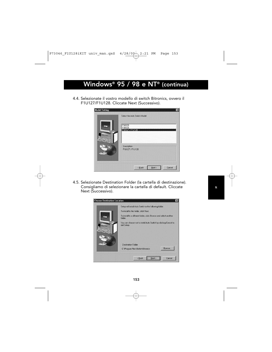 Windows, 95 / 98 e nt, Continua) | Belkin BITRONICS P73046 User Manual | Page 156 / 179