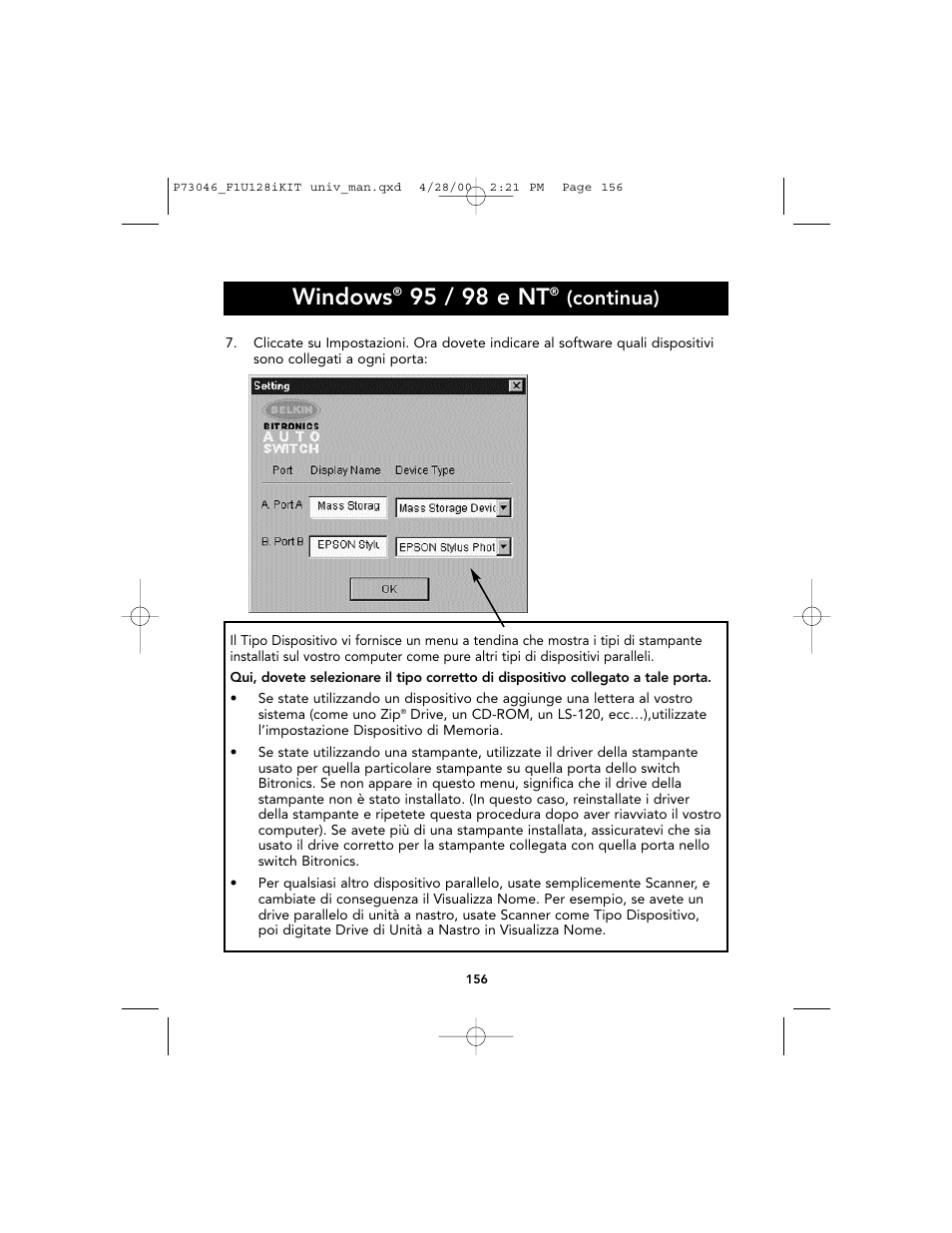 Windows, 95 / 98 e nt, Continua) | Belkin BITRONICS P73046 User Manual | Page 159 / 179