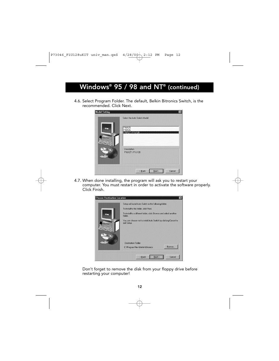 Windows, 95 / 98 and nt, Continued) | Belkin BITRONICS P73046 User Manual | Page 16 / 179