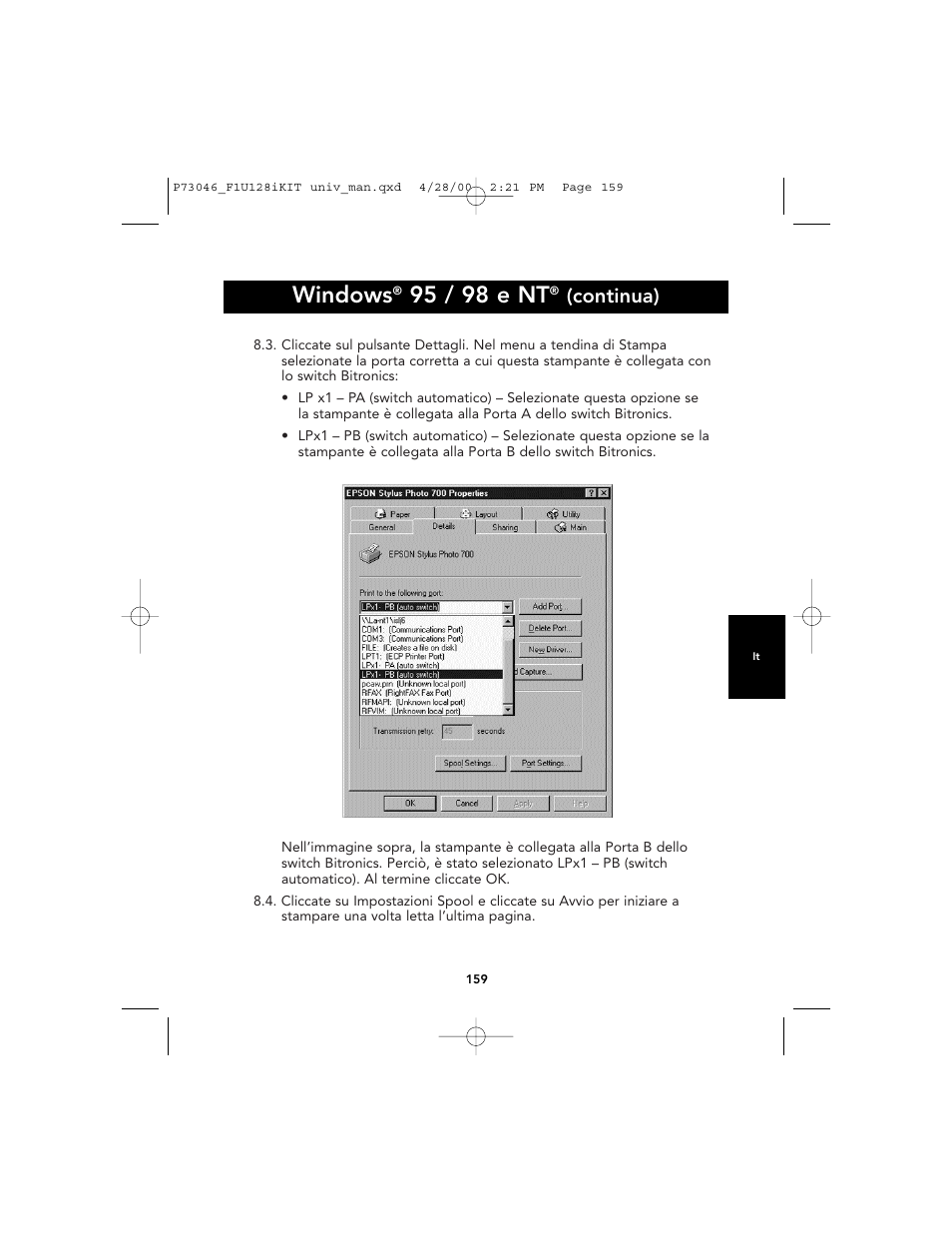 Windows, 95 / 98 e nt, Continua) | Belkin BITRONICS P73046 User Manual | Page 162 / 179