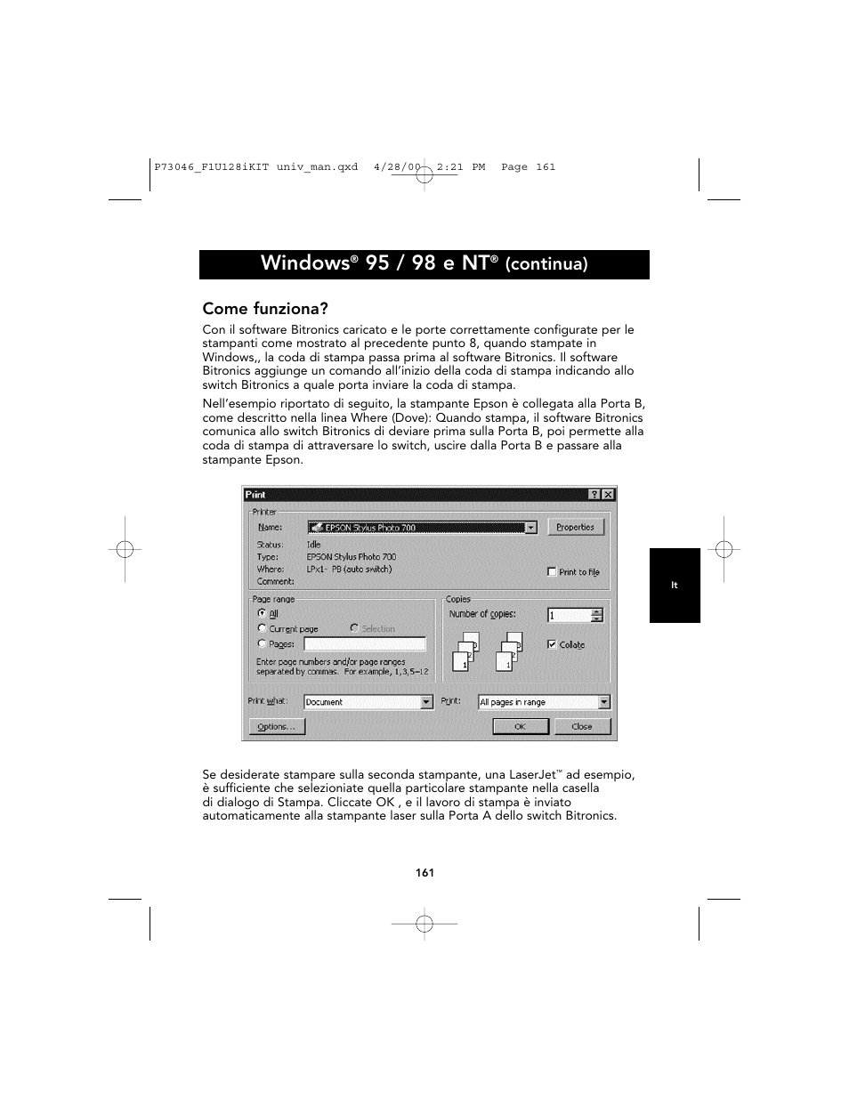 Windows, 95 / 98 e nt, Continua) | Come funziona | Belkin BITRONICS P73046 User Manual | Page 164 / 179
