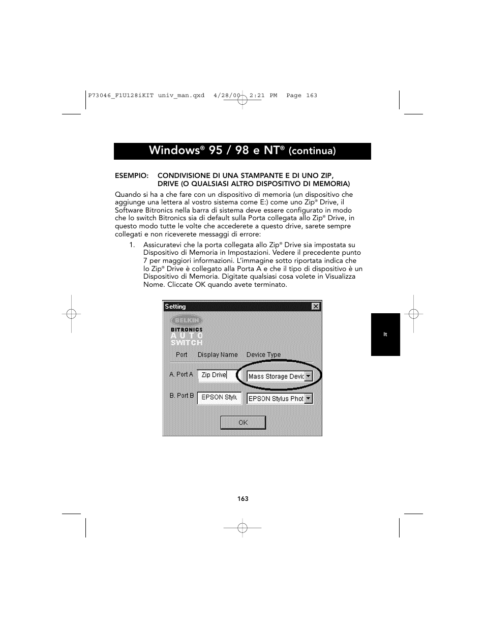 Windows, 95 / 98 e nt, Continua) | Belkin BITRONICS P73046 User Manual | Page 166 / 179