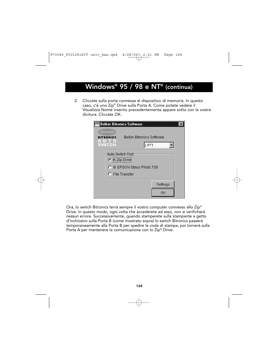 Windows, 95 / 98 e nt, Continua) | Belkin BITRONICS P73046 User Manual | Page 167 / 179