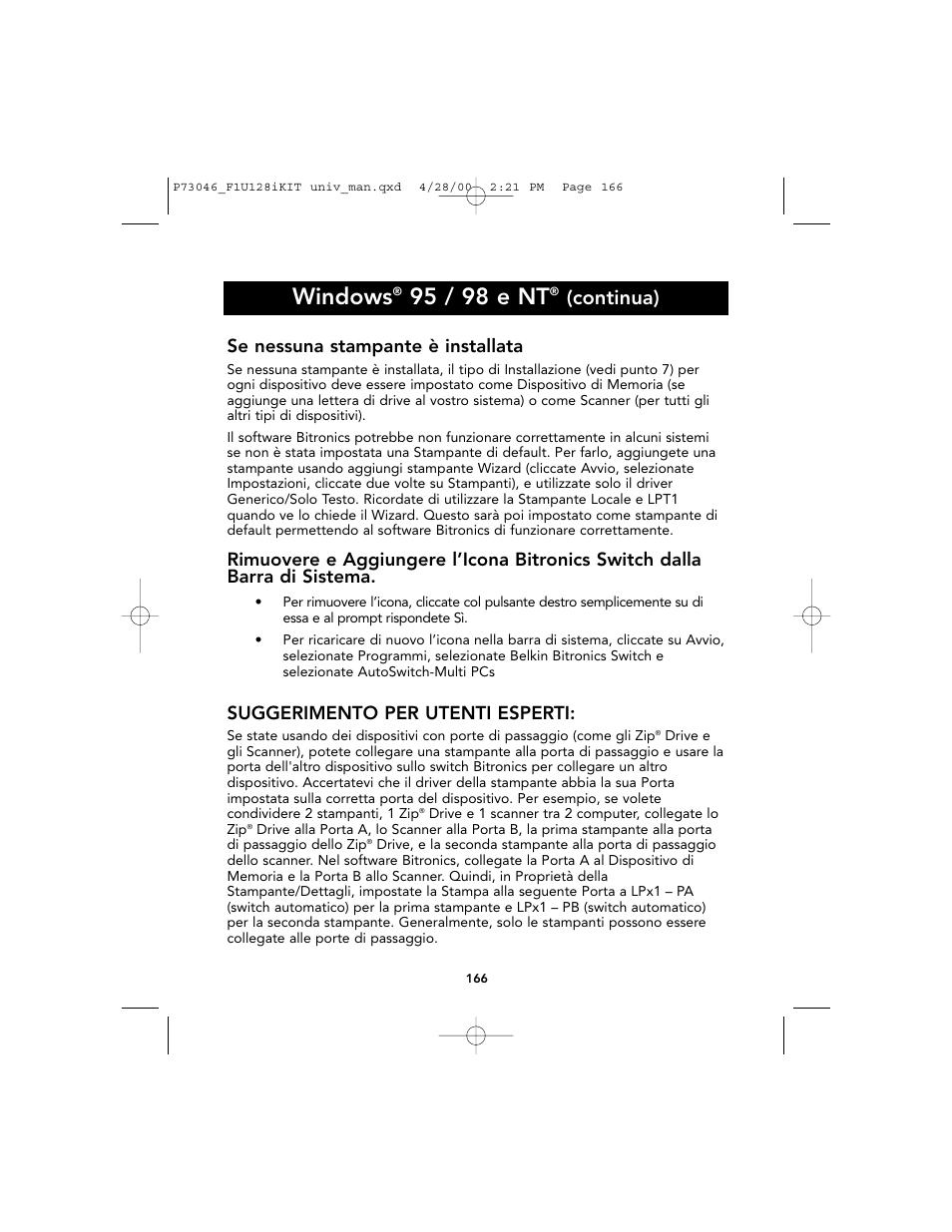 Windows, 95 / 98 e nt, Continua) | Se nessuna stampante è installata, Suggerimento per utenti esperti | Belkin BITRONICS P73046 User Manual | Page 169 / 179