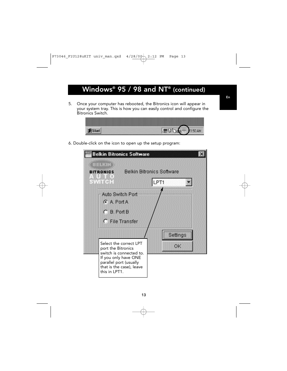 Windows, 95 / 98 and nt, Continued) | Belkin BITRONICS P73046 User Manual | Page 17 / 179